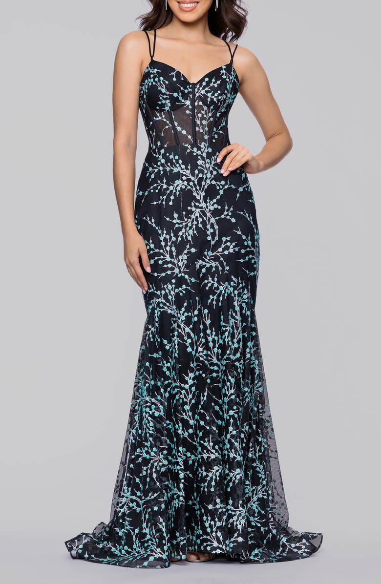 Blondie Nites Caviar Glitter Body-Con Gown, Main, color, Black/ Aqua