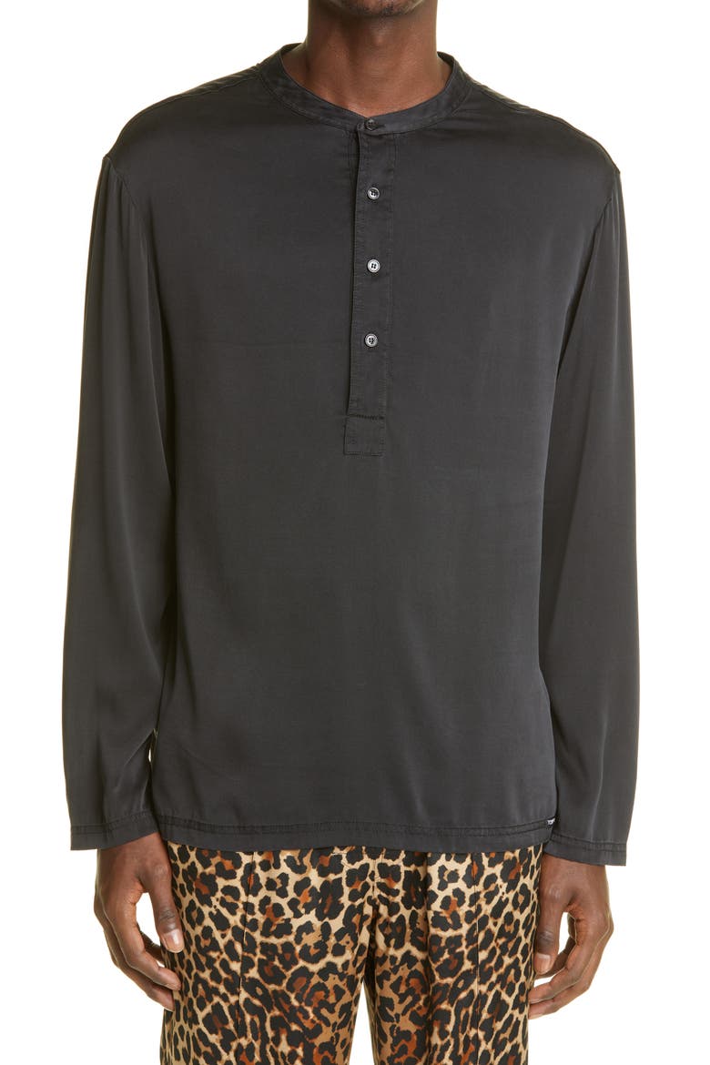 Henley Stretch Silk Pajama Shirt, Main, color, BLACK