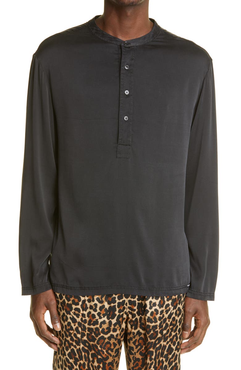 TOM FORD Henley Stretch Silk Pajama Shirt, Main, color, Black
