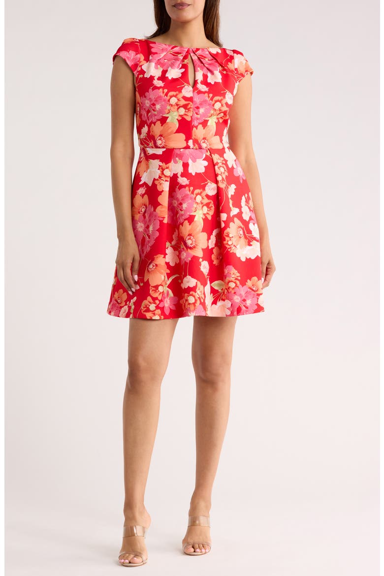 Floral Cap Sleeve Scuba Fit & Flare Dress, Main, color, RED MULTI