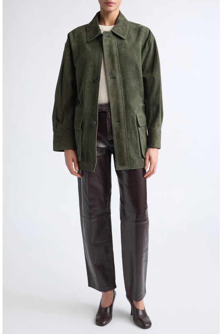 Maeve Lambskin Suede Field Jacket, Alternate, color, DARK GREEN