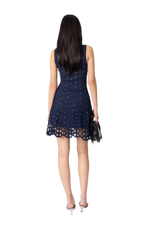 Maje Rhinestone Crochet Short Dress In Navy
