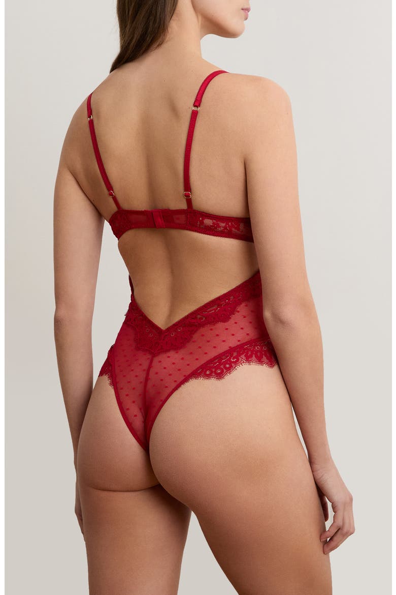 Infini Rouge Lace & Mesh Bodysuit, Alternate, color, RED