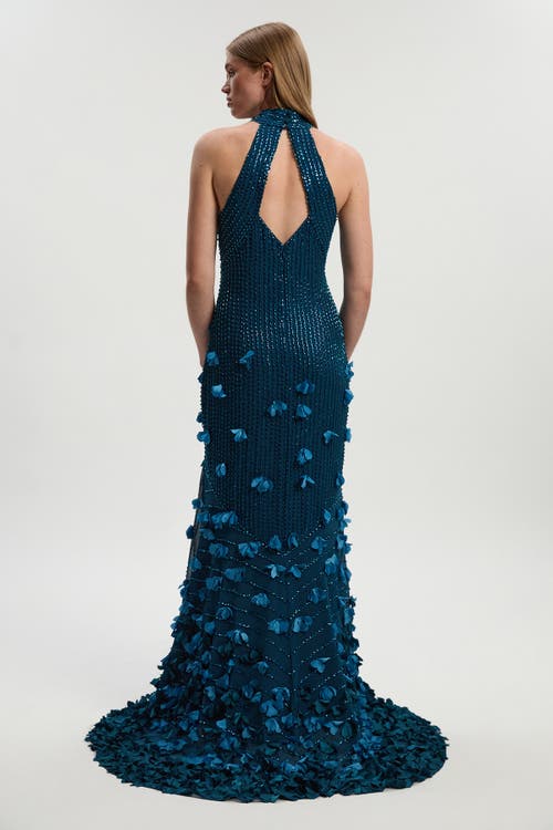 Karen Millen Petite Woven Maxi Rosette Dress In Blue