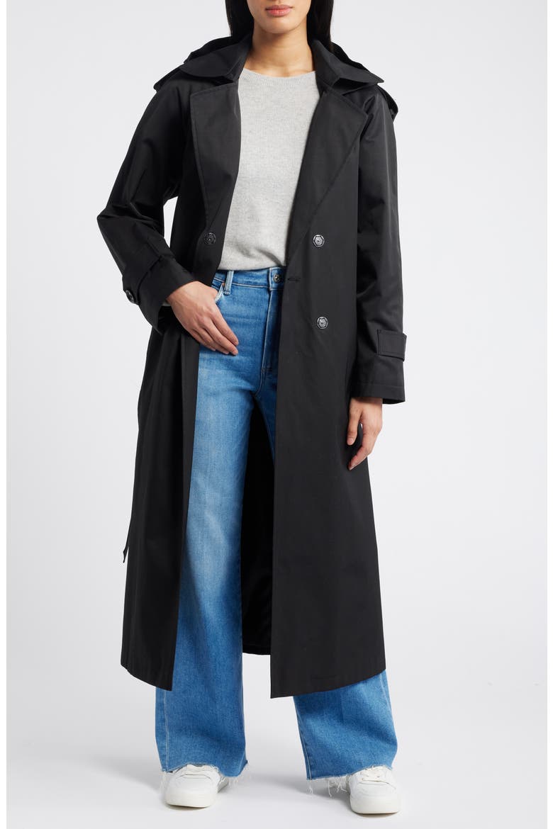 Cotton Blend Trench Coat with Removable Hood, Alternate, color, BLACK