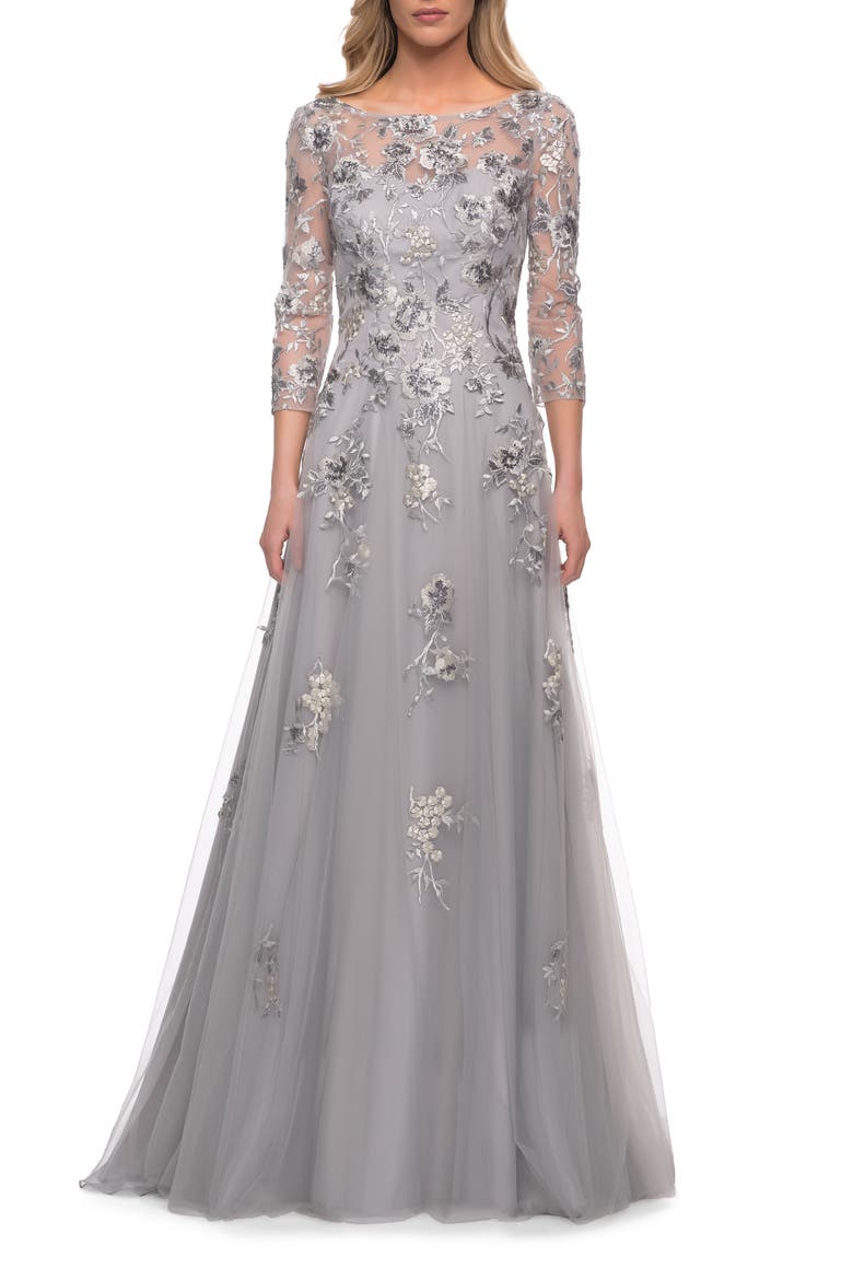 A Line Tulle and Lace Gown with Boat Neckline, Main, color, Silver