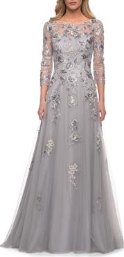 La Femme A Line Tulle and Lace Gown with Boat Neckline