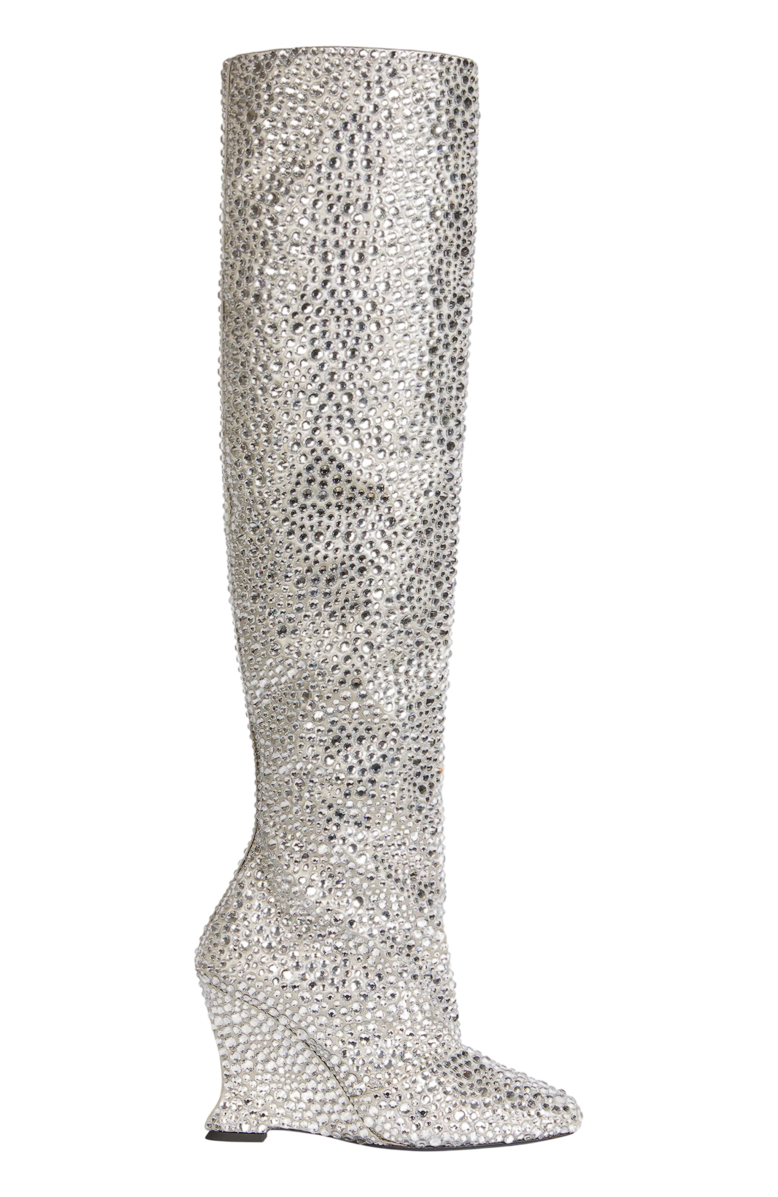 Wedge Thigh-High Satin Boots with Crystals, Alternate, color, Silver
