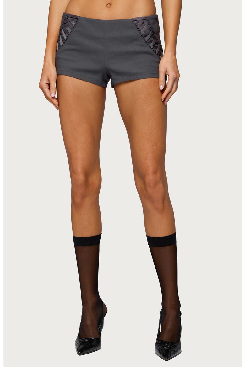 Lirah Lace Up Micro Shorts, Main, color, DARK-GRAY