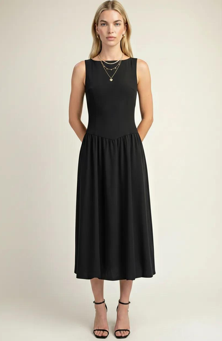 Modenaire Sleeveless Fit-and-Flare Midi Dress with Gathered Skirt Detail, Alternate, color, Black