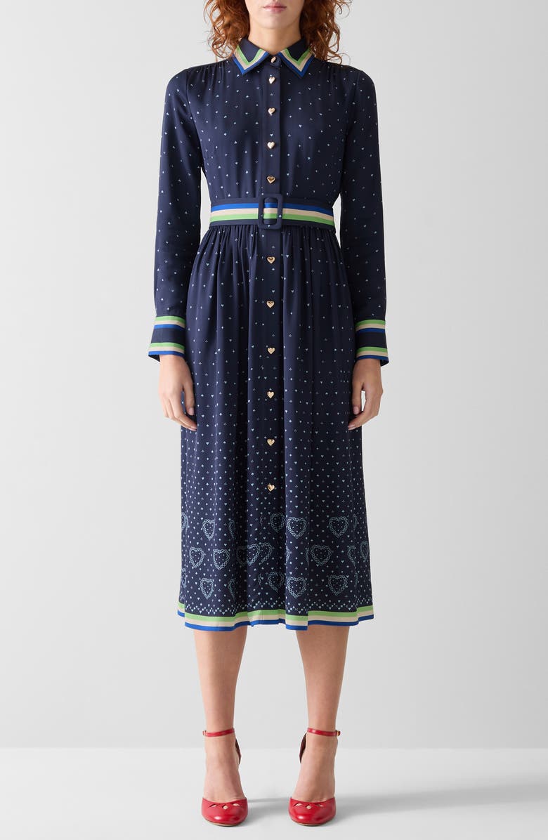 LK Bennett Kate Heart Print Long Sleeve Belted Midi Shirtdress, Main, color, Navy Multi
