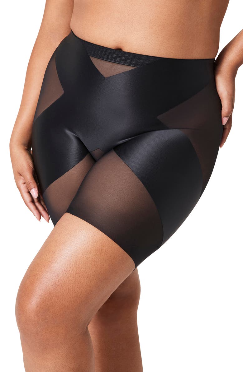 SPANX<sup>®</sup> SPANXshape<sup>™</sup> Satin-X<sup>™</sup> Mid Thigh Shorts, Main, color, Very Black