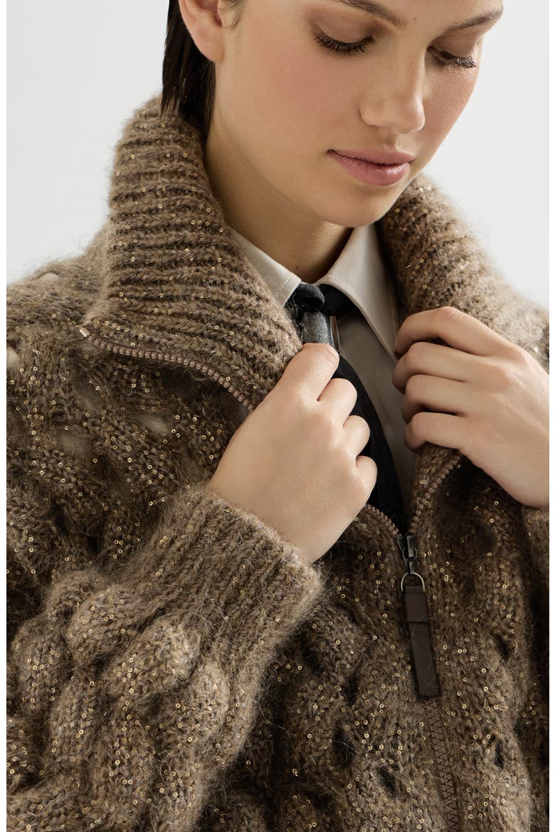 Dazzling zigzag cables cardigan in mohair and wool, Alternate, color, Bark