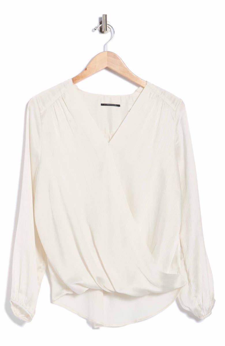 T Tahari Long Sleeve Faux Wrap Blouse, Alternate, color, Ivory