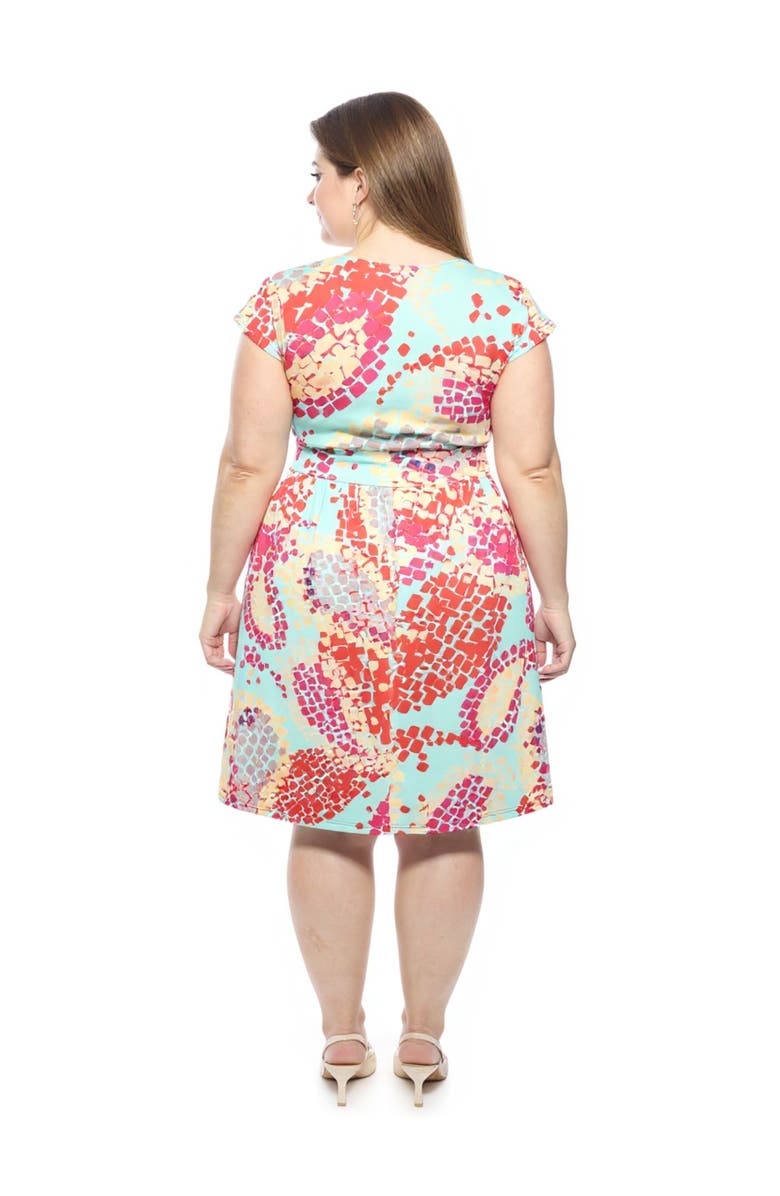 24seven Comfort Apparel Plus Size Abstract V-Neck Cap Sleeve Knee Length A-Line Pocket Dress, Alternate, color, Blue Multi