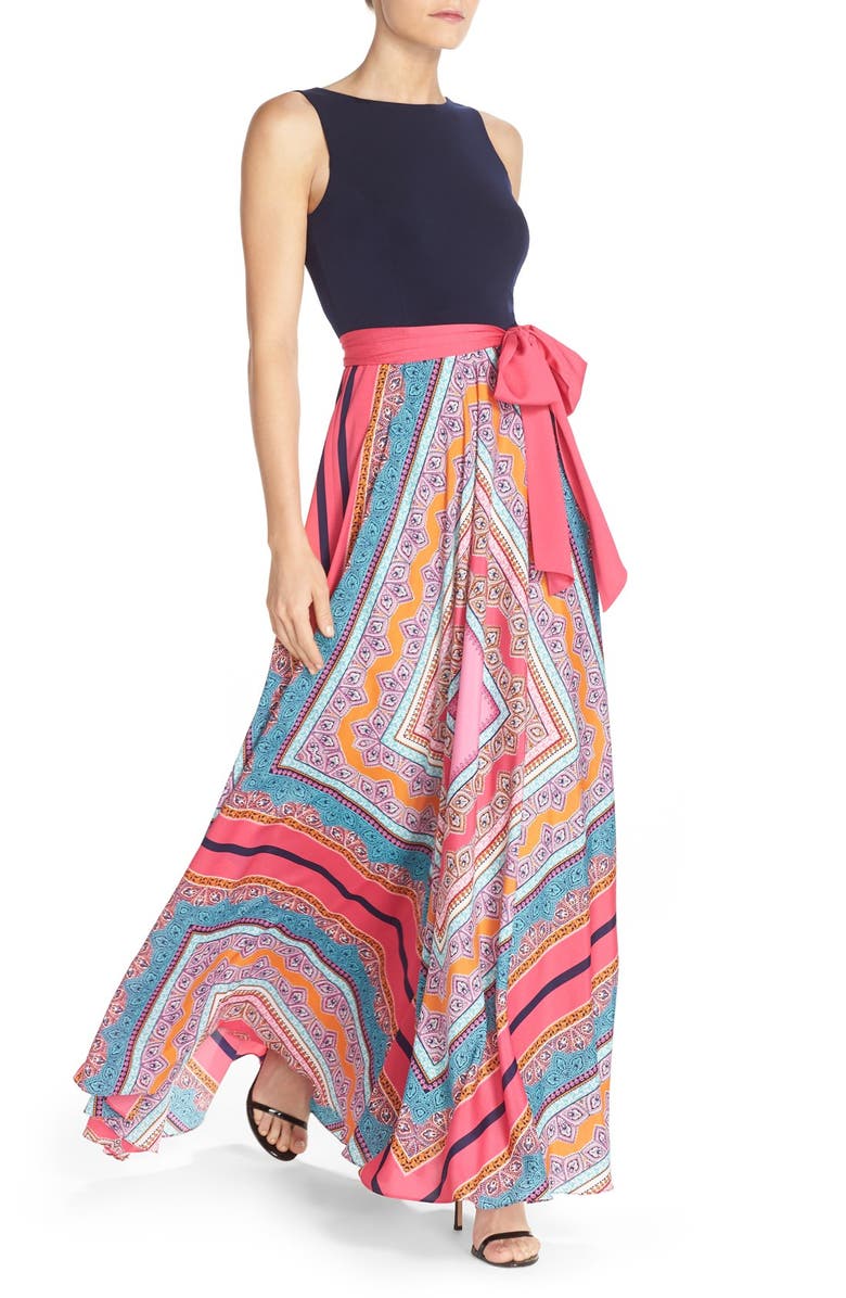 Eliza J Scarf Print Jersey & Crêpe de Chine Maxi Dress, Alternate, color,