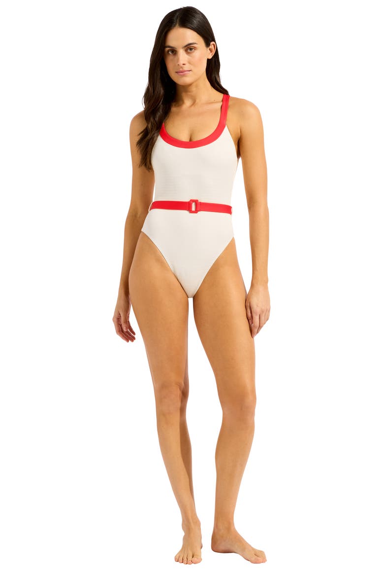 Belted Rib Retro One-Piece Swimsuit, Alternate, color, ECRU
