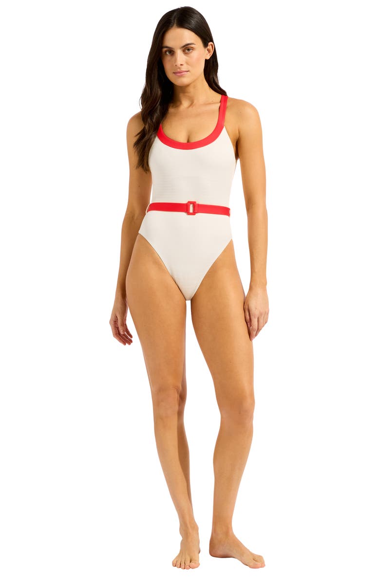 Seafolly Belted Rib Retro One-Piece Swimsuit, Alternate, color, 