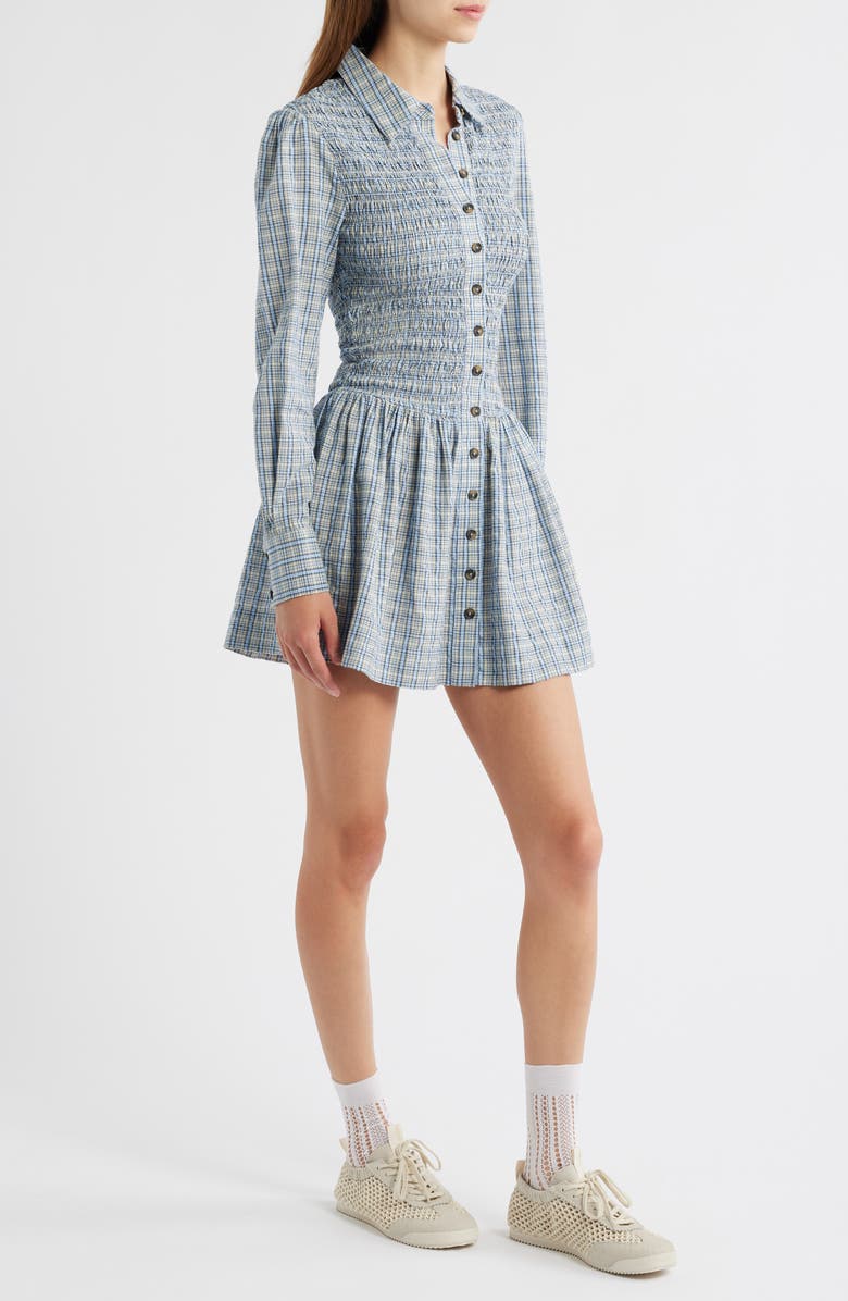 Damson Madder Bora Smocked Bodice Long Sleeve Organic Cotton Seersucker Minidress, Alternate, color, Cloudy