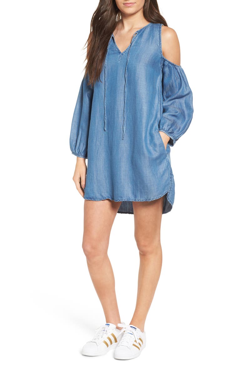 Chambray Cold Shoulder Dress, Main, color, FLUFF PIECE