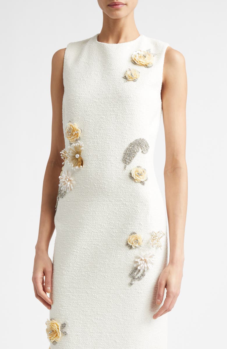 Oscar de la Renta Brooch Embroidered Sleeveless Tweed Cocktail Dress, Alternate, color, Ivory