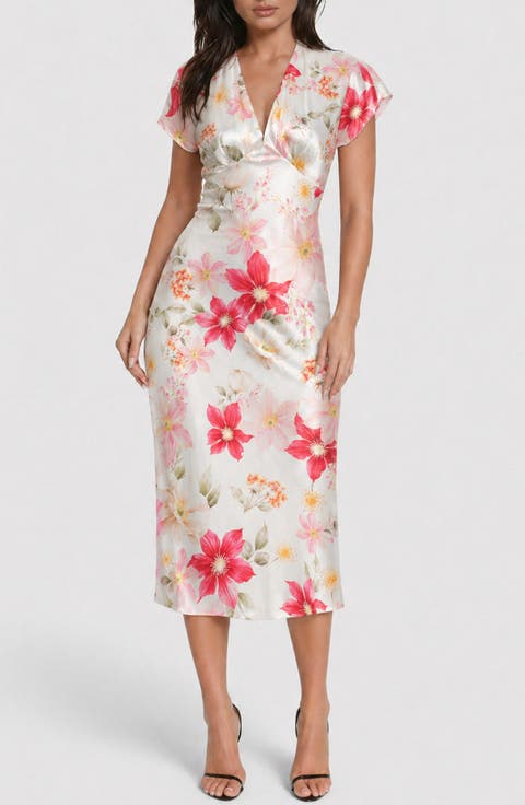 Satin V-Neck Midi Dress