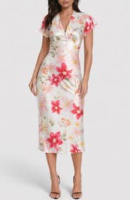 bebe Satin V-Neck Midi Dress