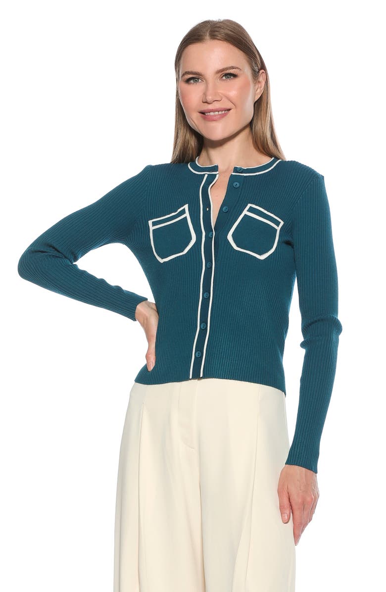 Alexia Admor Clover Ribbed Knit Button Down Cardigan, Alternate, color, Teal