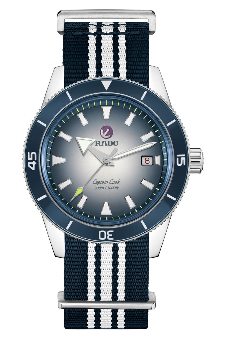 Captain Cook Automatic Bracelet Watch, 42mm, Alternate, color, SILVER/ BLUE