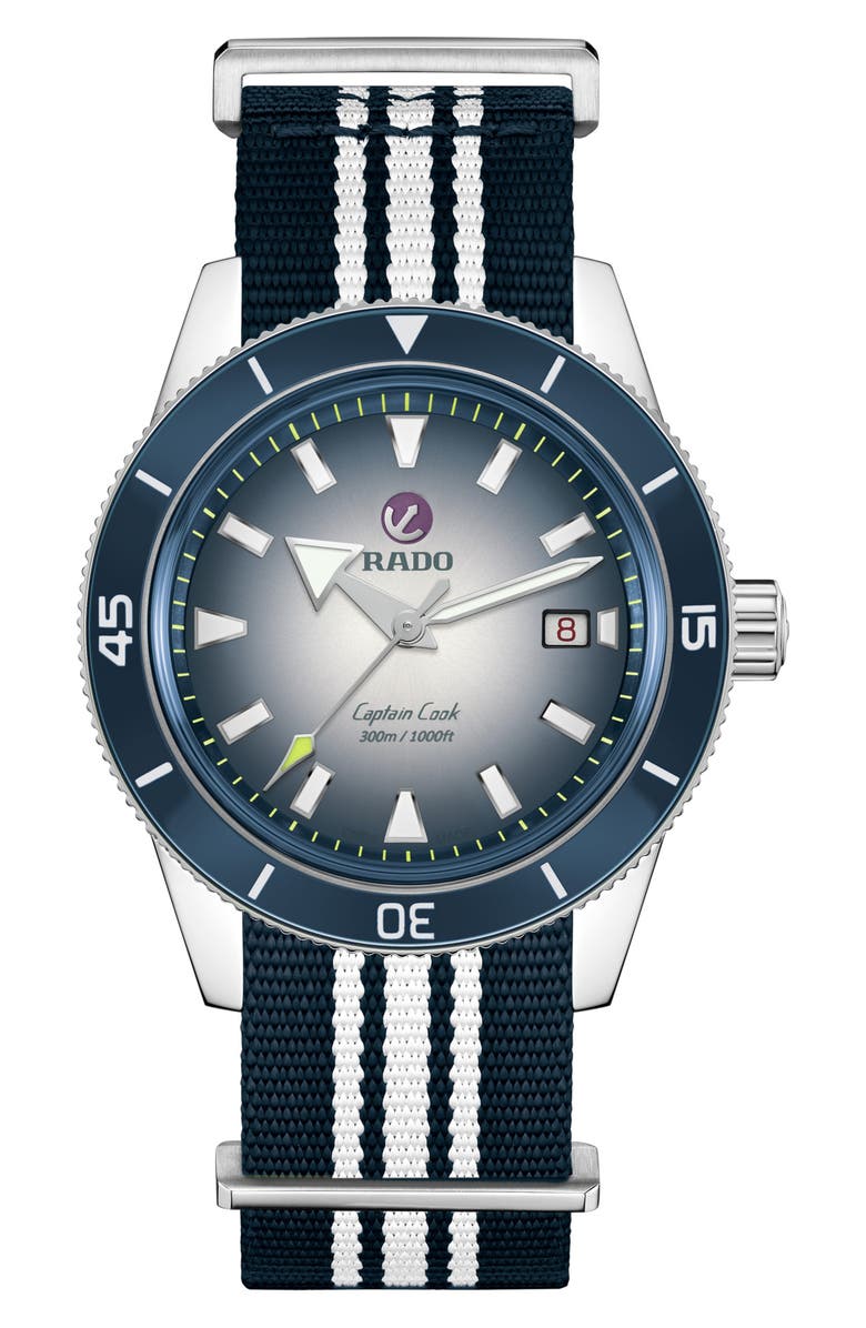 RADO Captain Cook Automatic Bracelet Watch, 42mm, Alternate, color, Silver/ Blue