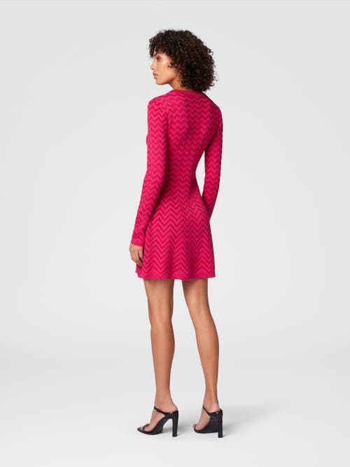 Shop Missoni Tone-on-tone Chevron Long-sleeved Mini-dress In Magenta Red