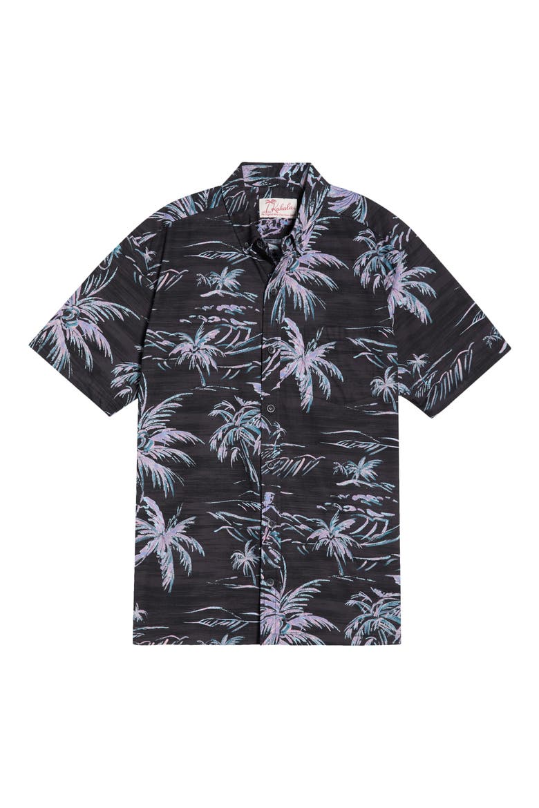 He'e Nalu Print Short Sleeve Cotton Button-Down Shirt, Alternate, color, BLACK