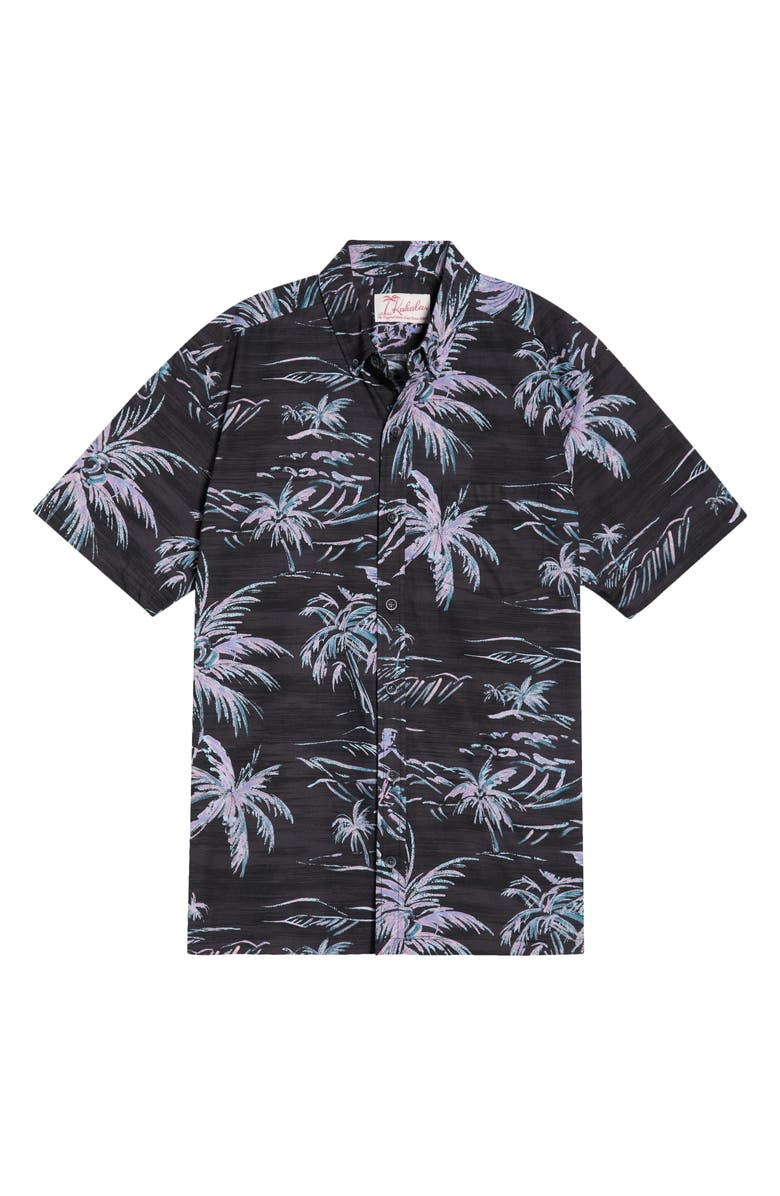 Kahala He'e Nalu Print Short Sleeve Cotton Button-Down Shirt, Alternate, color, Black