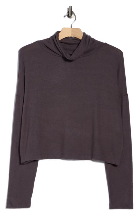 Cowl Neck Long Sleeve Brushed Knit Crop Top (Plus)