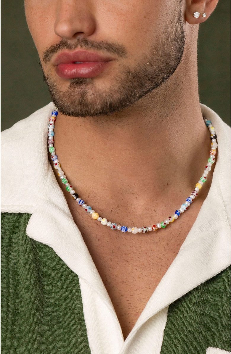 Nialaya Pearl Necklace with Hand-Painted Glass Beads, Alternate, color, Multicolor