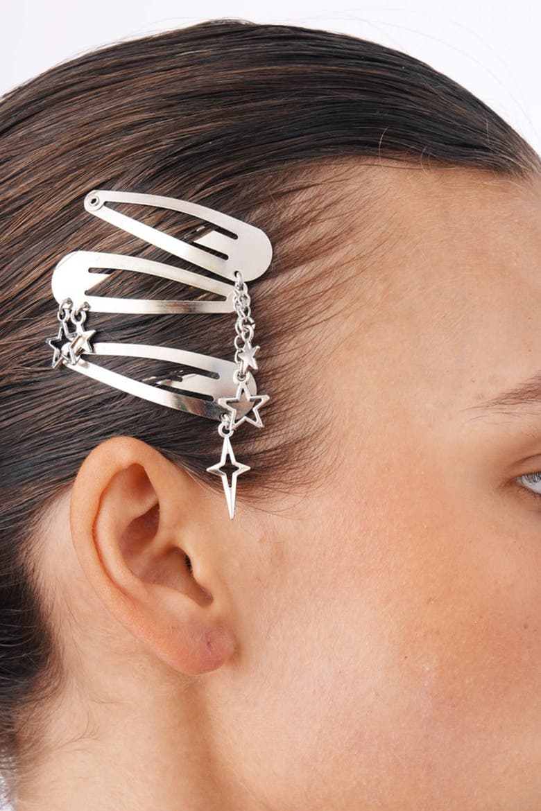 Steel Snap Hair Clips With Star Charms, Alternate, color, Silver