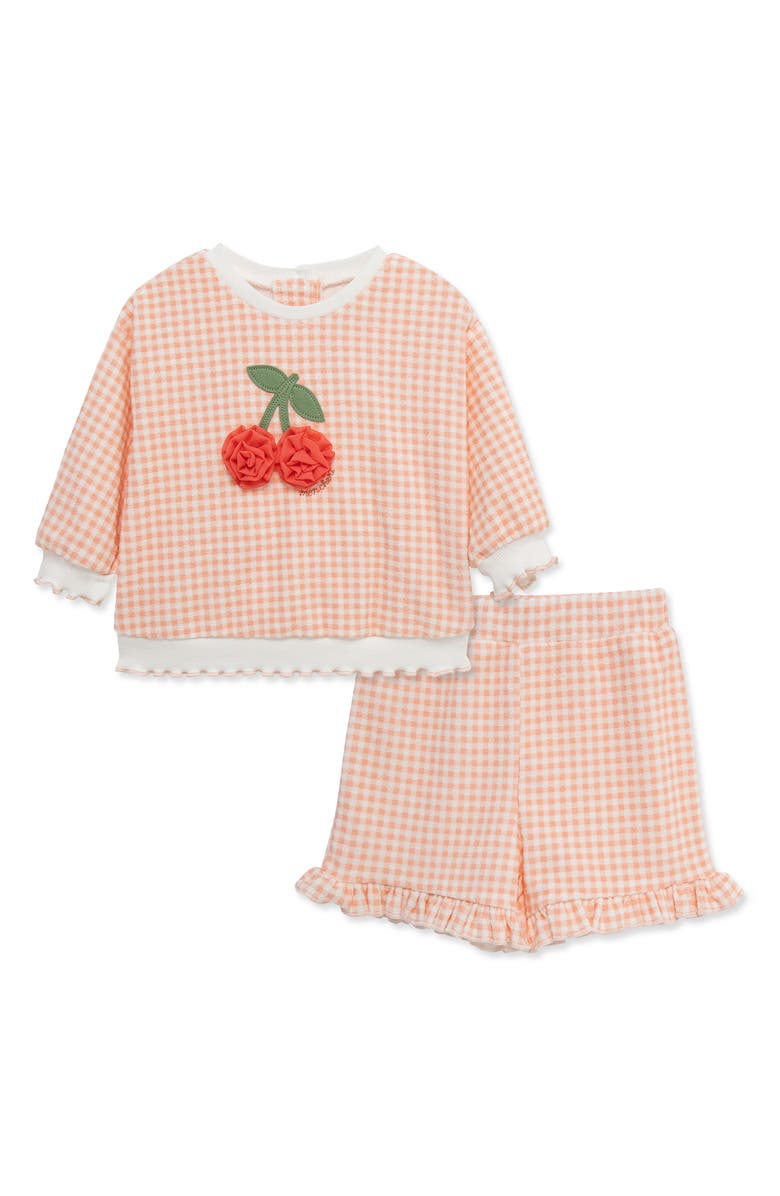 Little Me Cherry Appliqué Gingham Top & Shorts Set, Main, color, Pink