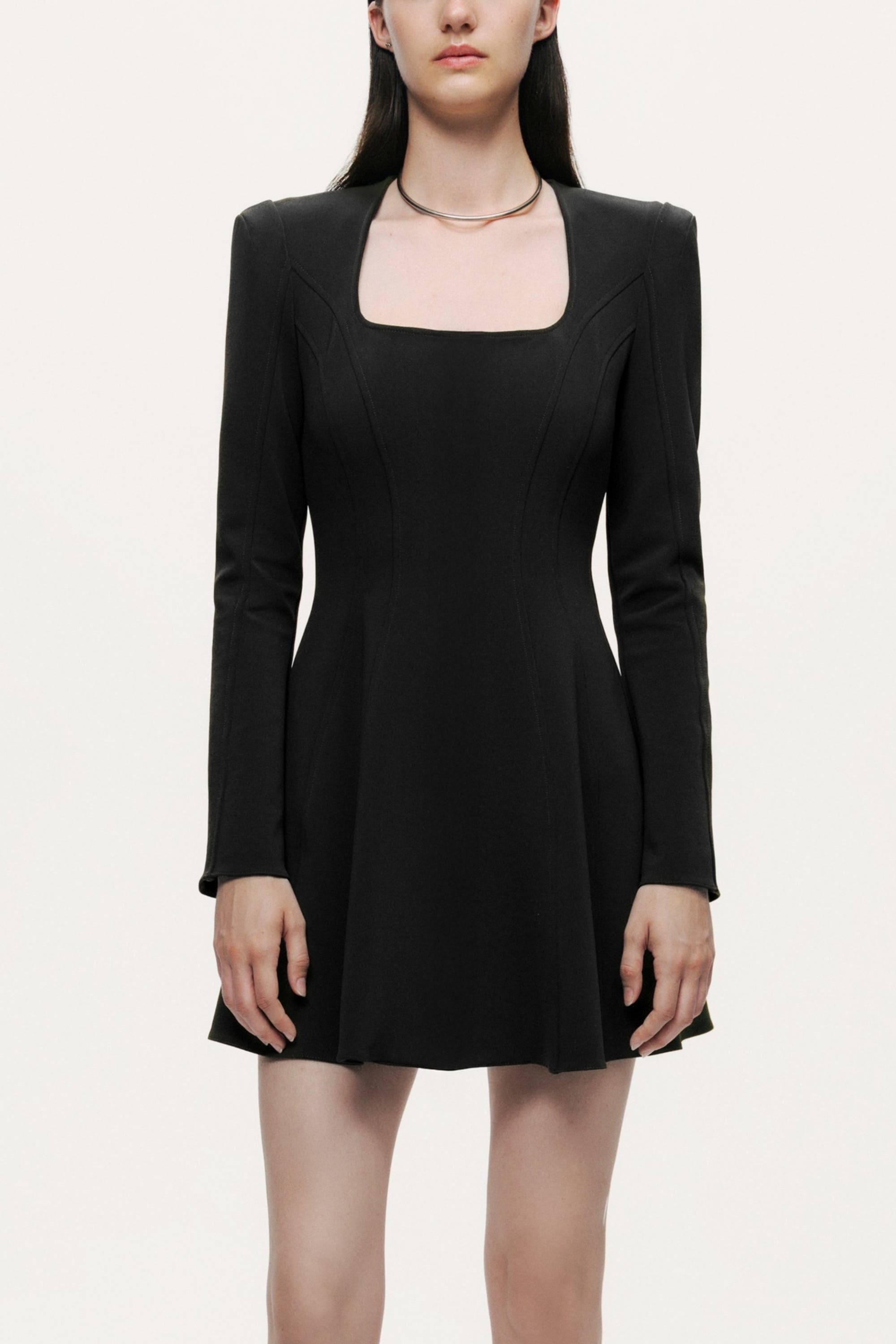 Square-Neck Zip-Front Tailored Mini Dress