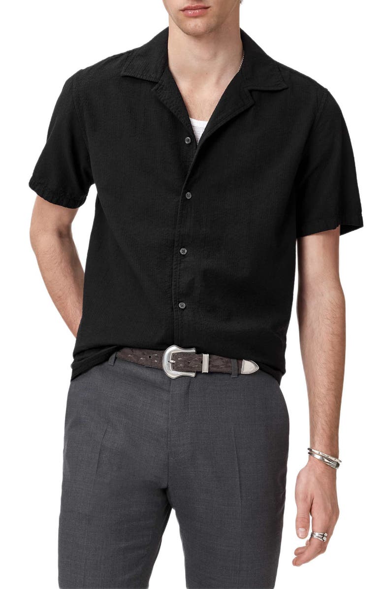 John Varvatos Cotton Seersucker Camp Shirt, Main, color, Black