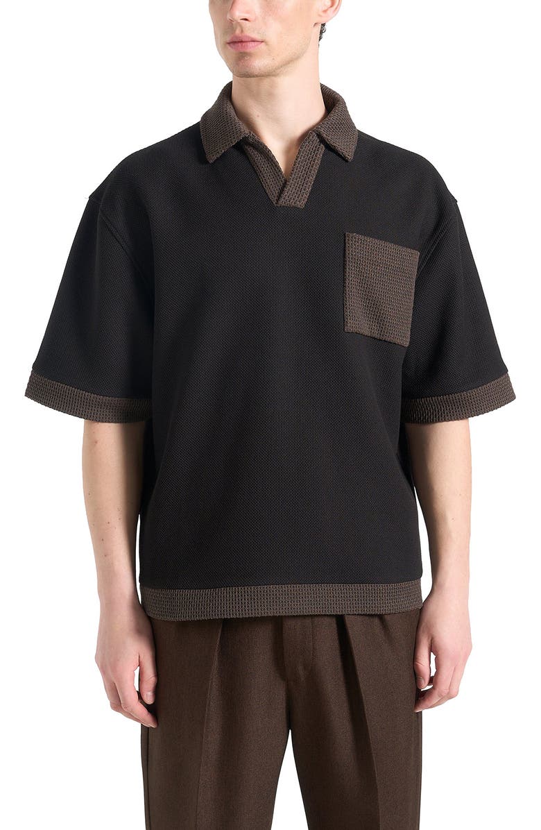 Manière De Voir Brice Boxy Polo Shirt with Crochet Detail, Alternate, color, Black
