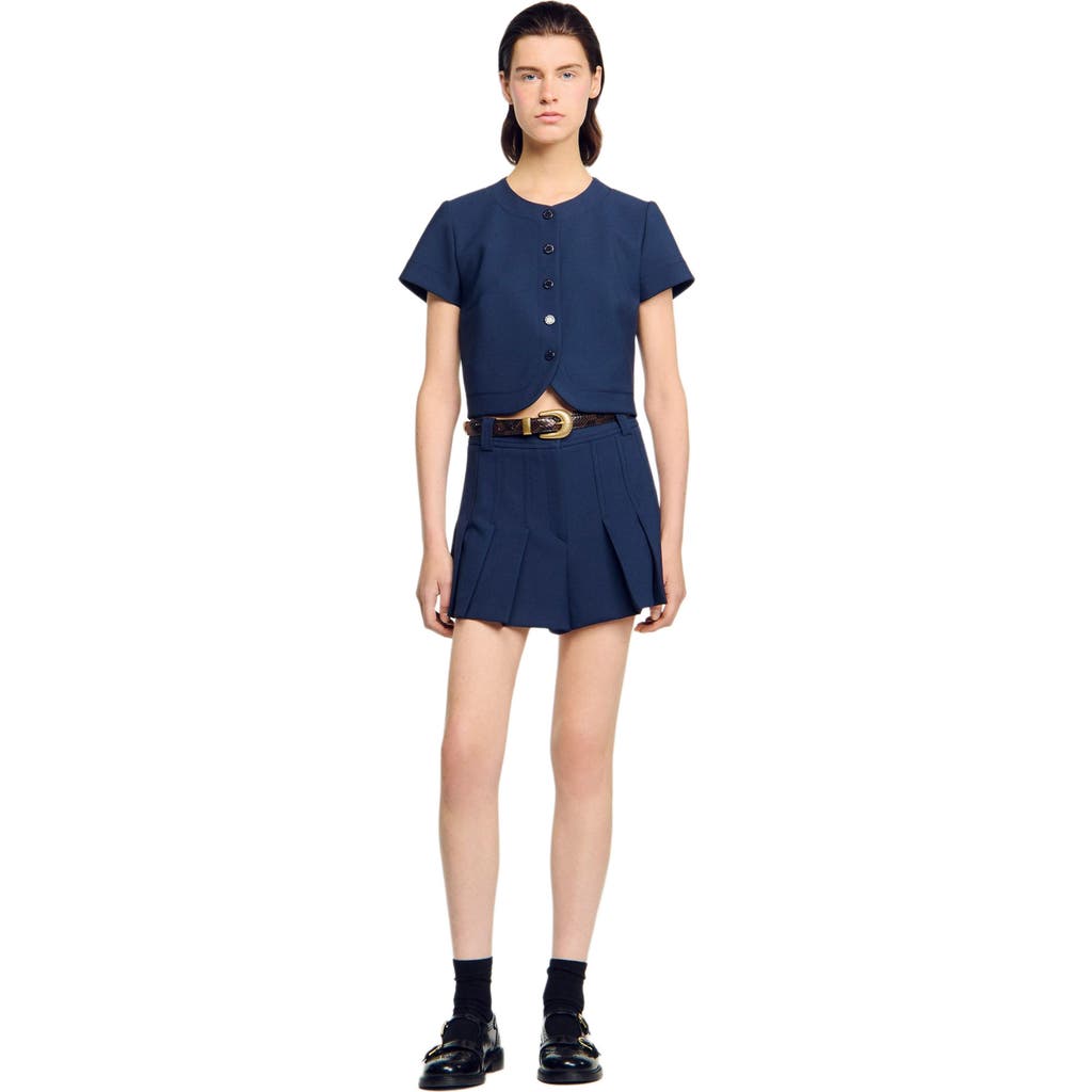 Sandro Rounded Hem Buttoned Crop Top In Blue