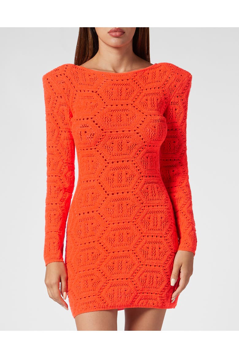 Fluo Knit Mini Dress Monogram Women, Main, color, Orangefluo