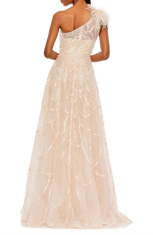 Mac Duggal Embellished One Shoulder A Line Gown In Peach