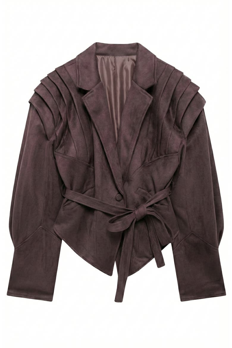 Structured Belted Pleated Shoulder Jacket, Alternate, color, Brown