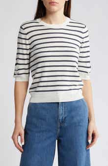 FRAME Stripe Ruched Sleeve Sweater