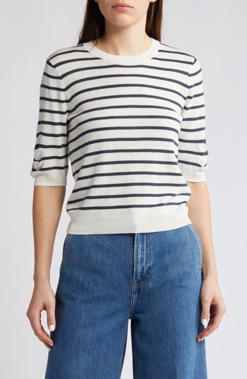 Frame Stripe Ruched Sleeve Sweater In White