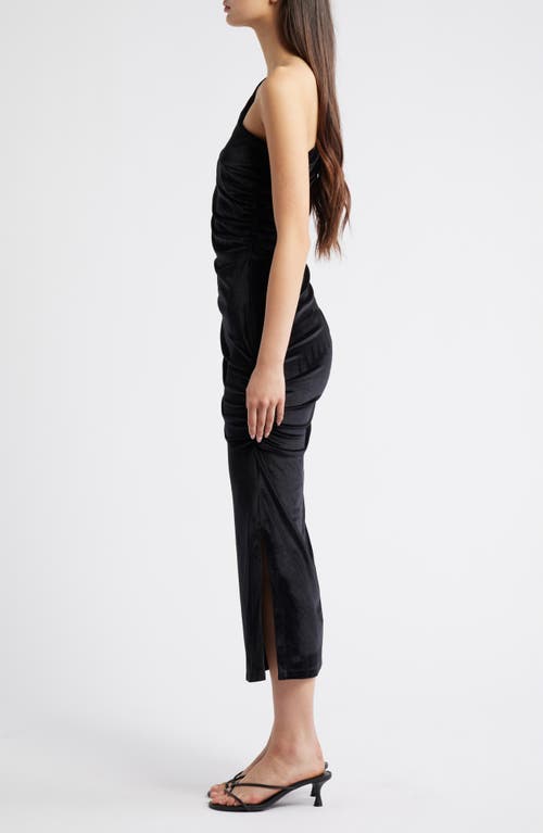 Marcella Kathleen Ruched One-shoulder Velvet Midi Dress In Black