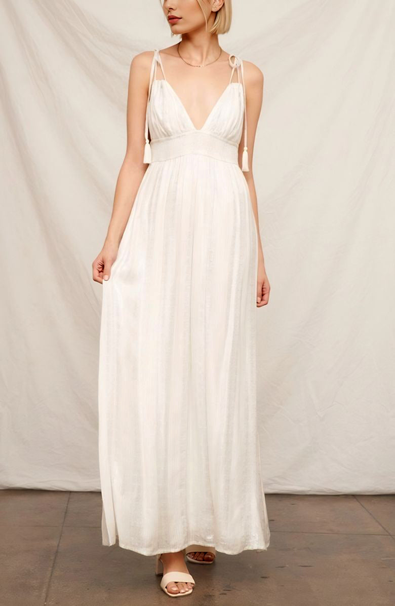 Knit and Lounge Boho Tiered Maxi Dress with Tie-Strap Tassels, Main, color, White