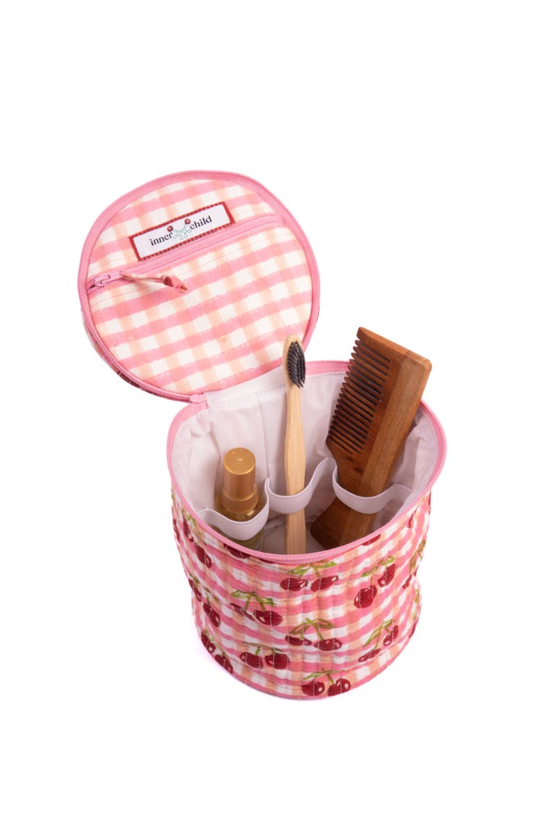 Cherry Round Upright Makeup Bag, Alternate, color, Red Gingham