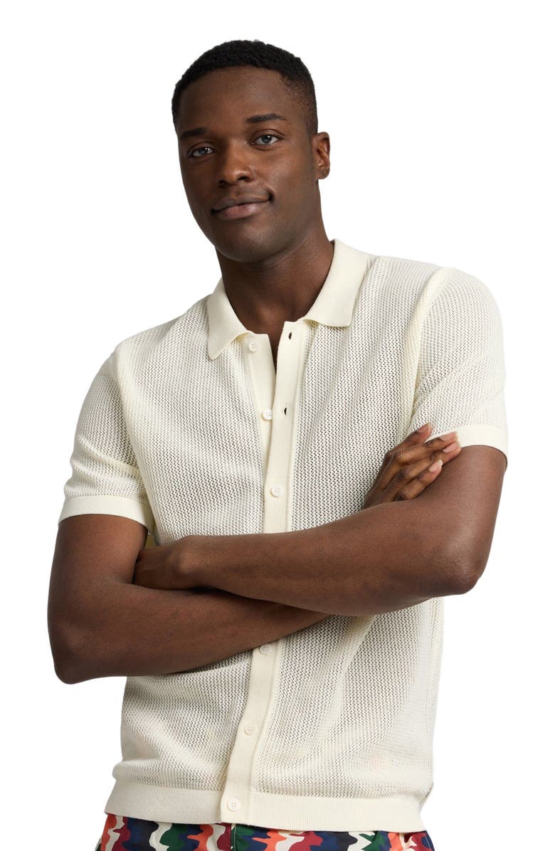 Onia Crochet Knit Button Up Short Sleeve Shirt, Alternate, color, Egret